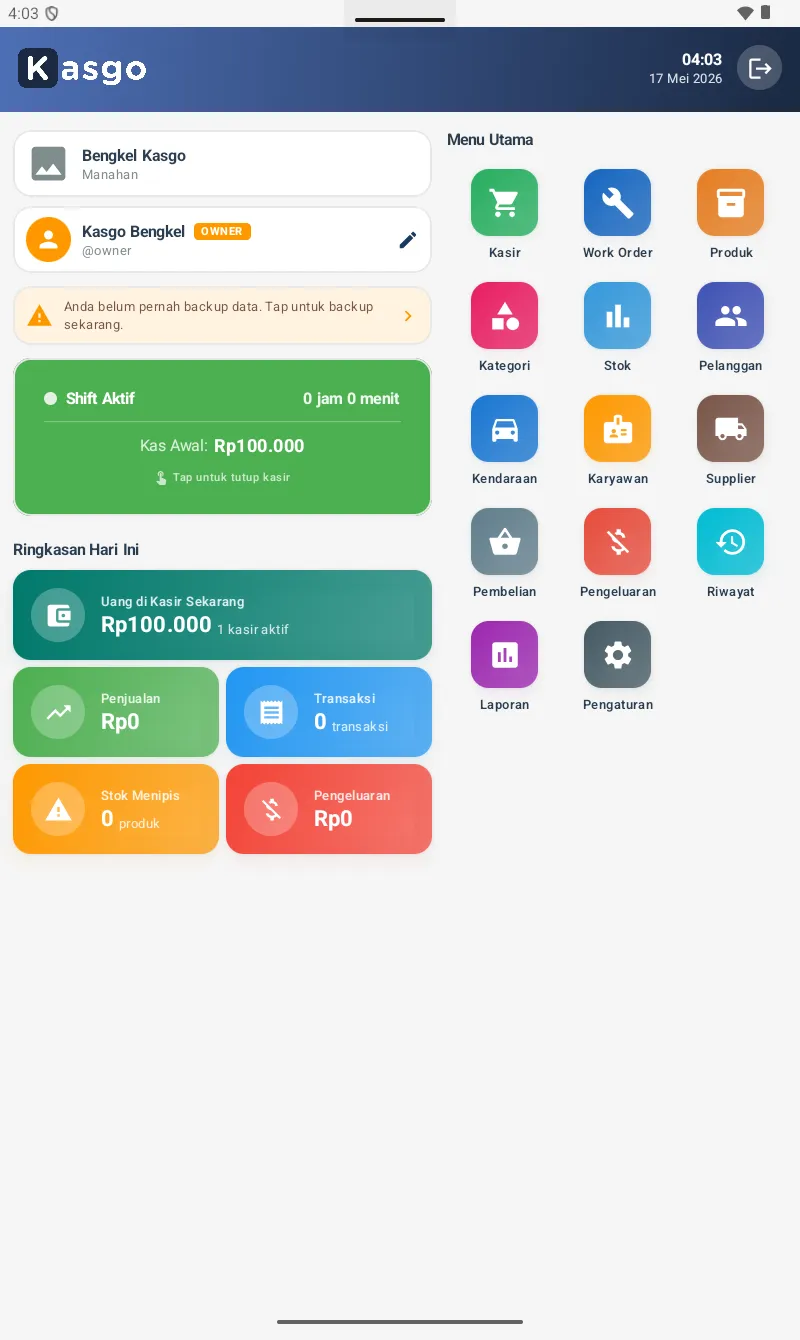 Home Kasgo Bengkel saat shift aktif โ shift card hijau dengan 'Shift Aktif', durasi, Kas Awal, plus Ringkasan tambahan 'Uang di Kasir Sekarang'