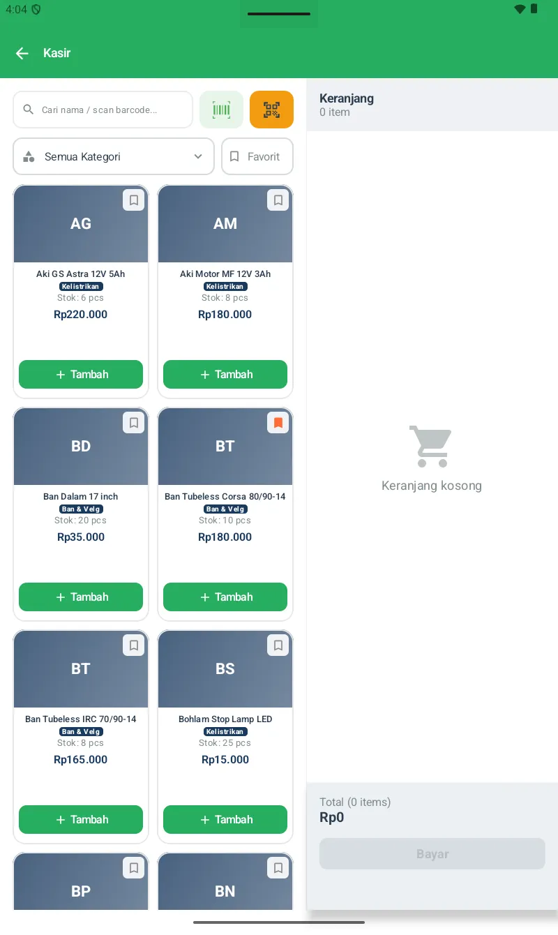 Layar Kasir dengan grid produk di kiri (Aki, Ban, dll), panel Keranjang di kanan, total Rp0, tombol Bayar disabled