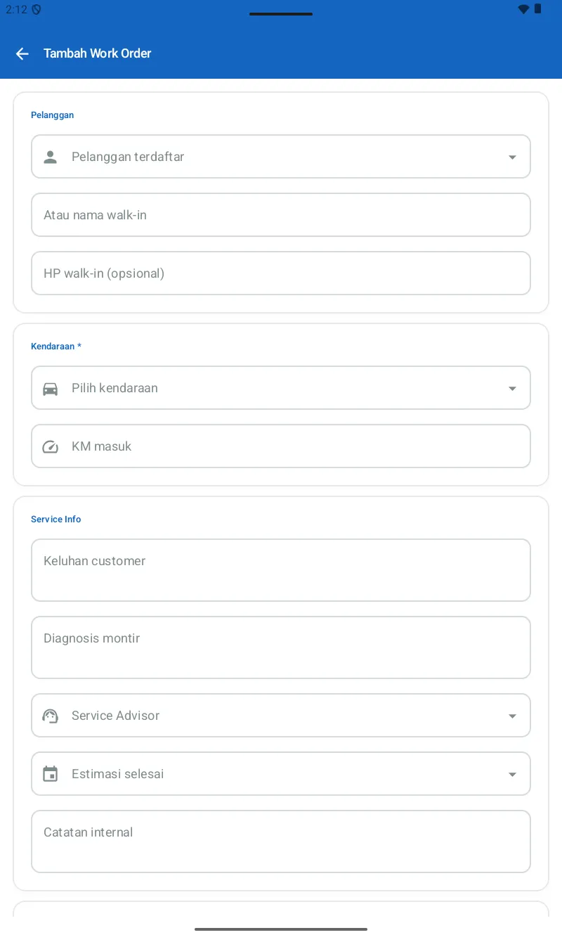 Form Work Order โ Pelanggan terdaftar/walk-in, Kendaraan, KM masuk, Keluhan customer, Diagnosis montir, Service Advisor, Estimasi selesai, Catatan internal