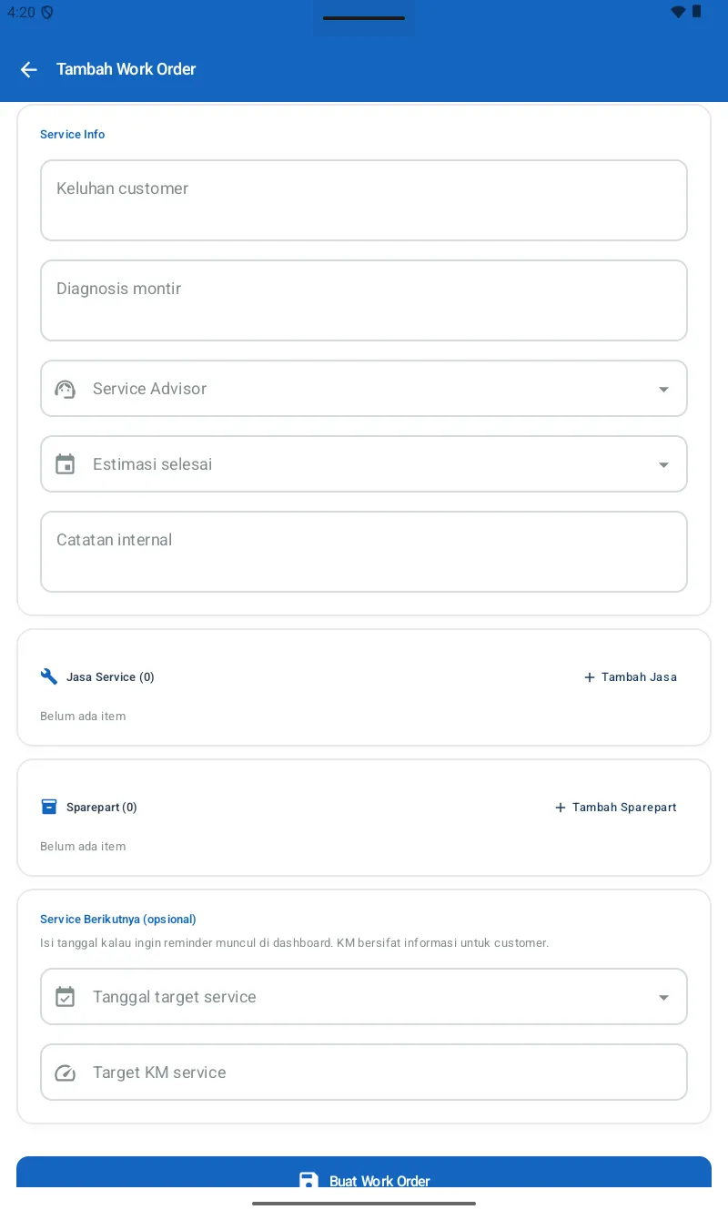 WO form bagian bawah: Service Info (Keluhan, Diagnosis, SA, Estimasi), Jasa Service (0) + Sparepart (0) di section terpisah, Service Berikutnya, tombol Buat Work Order