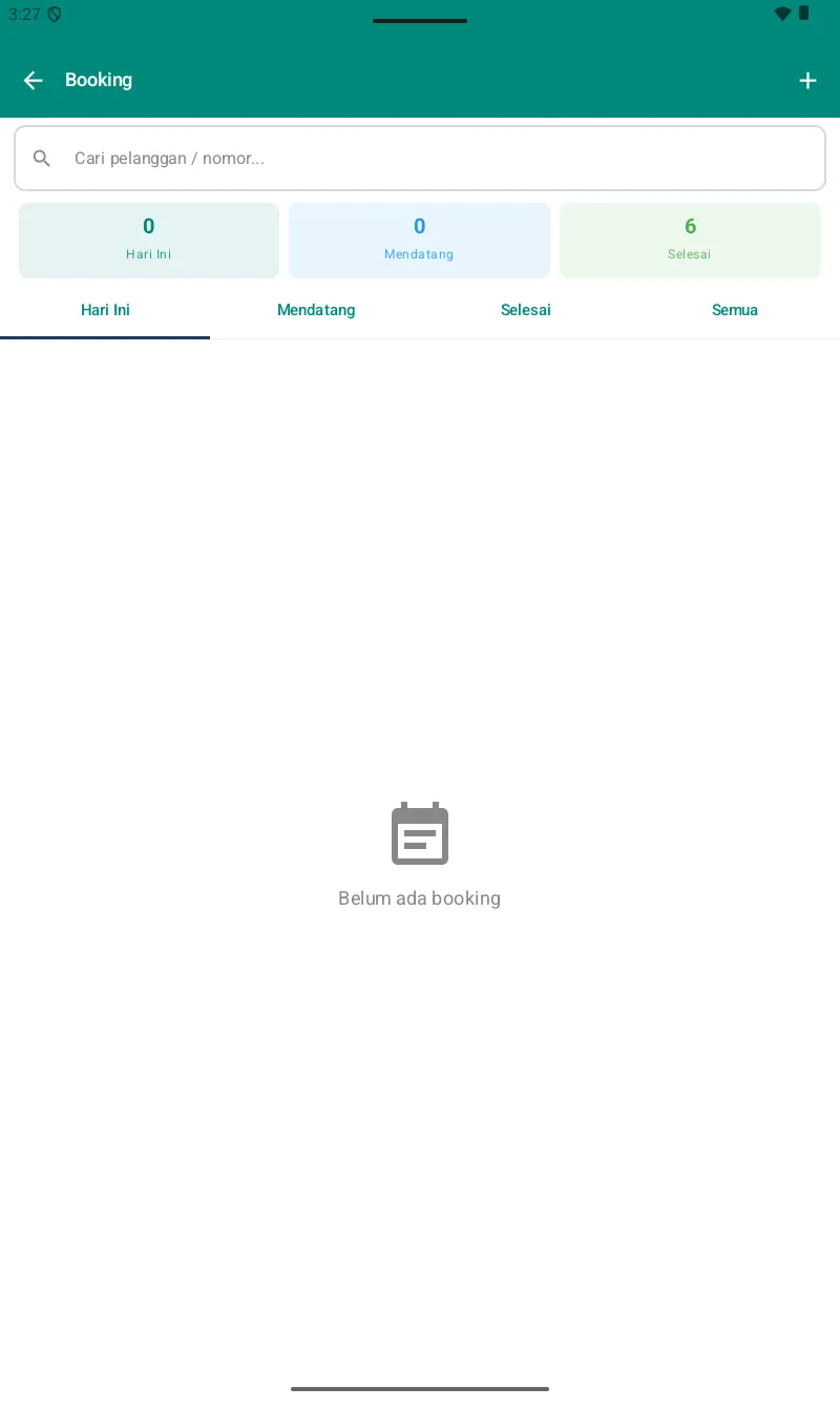 Halaman Booking โ tabs Hari Ini/Mendatang/Selesai/Semua dengan counter, search bar, tombol + di kanan atas