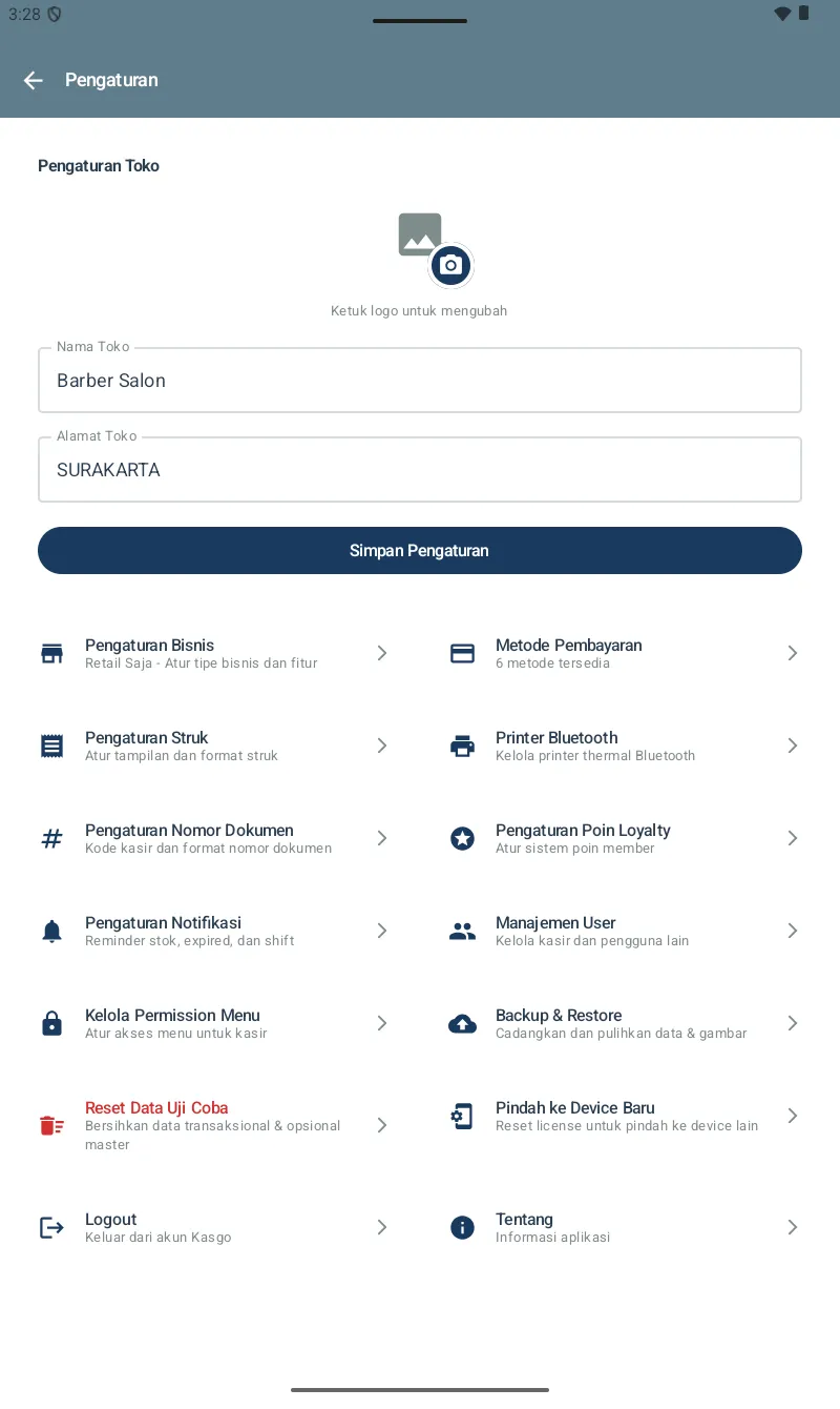 Halaman Pengaturan KasgoCare dengan list 15+ menu konfigurasi