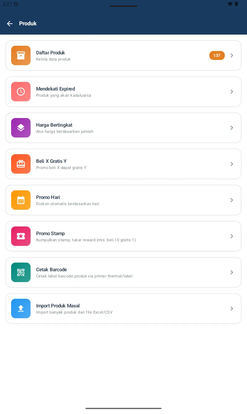 Hub Produk dengan Daftar Produk, Mendekati Expired, Harga Bertingkat, Beli X Gratis Y, Promo Hari, Promo Stamp, Cetak Barcode