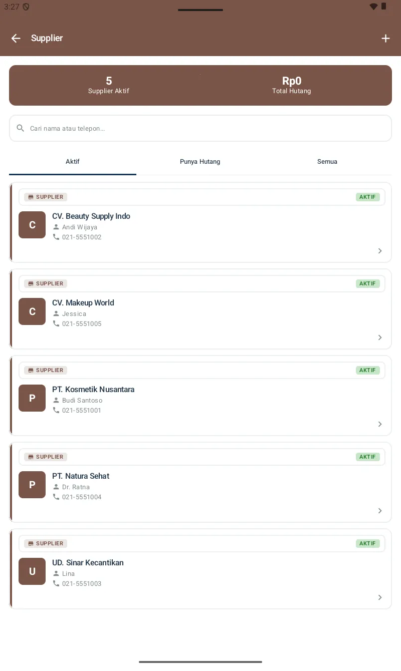 Halaman Supplier dengan list distributor