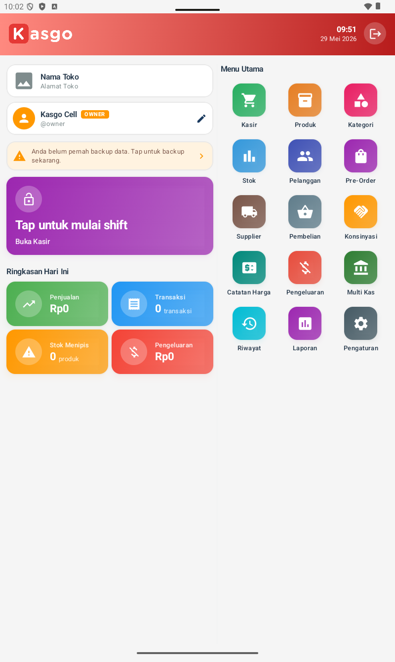 Beranda KasGo Cell โ header merah, kolom kiri (info toko, banner backup, shift card ungu, ringkasan hari ini), kolom kanan (15 menu utama dalam grid 3 kolom ร 5 baris)