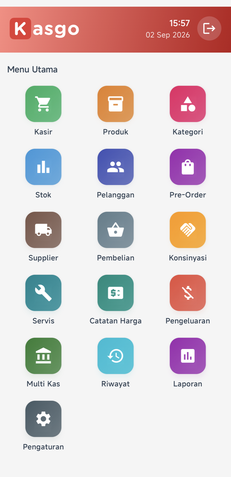 Grid Menu Utama — 16 menu berwarna: Kasir, Produk, Kategori, Stok, Pelanggan, Pre-Order, Supplier, Pembelian, Konsinyasi, Servis, Catatan Harga, Pengeluaran, Multi Kas, Riwayat, Laporan, Pengaturan