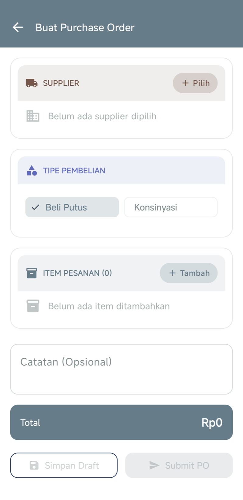Form Buat Purchase Order — bagian SUPPLIER, TIPE PEMBELIAN dengan pilihan Beli Putus dan Konsinyasi, lalu ITEM PESANAN