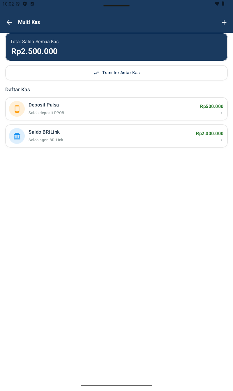 Halaman Multi Kas โ header navy, card biru besar 'Total Saldo Semua Kas Rp 2.500.000', tombol Transfer Antar Kas, section Daftar Kas dengan 2 entri: Deposit Pulsa (Saldo deposit PPOB) Rp 500.000 dan Saldo BRILink (Saldo agen BRILink) Rp 2.000.000