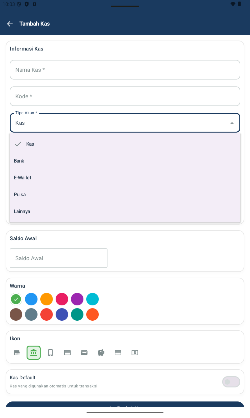 Dropdown Tipe Akun terbuka โ menampilkan 5 opsi: Kas (selected with checkmark), Bank, E-Wallet, Pulsa, Lainnya