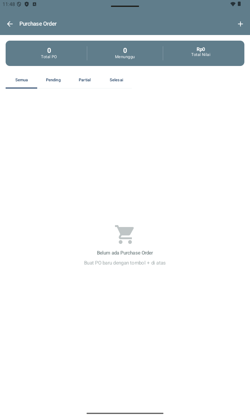 Halaman Purchase Order โ header navy abu-abu, title 'Purchase Order', stat card 3 angka: 0 Total PO | 0 Menunggu | Rp0 Total Nilai. Filter tabs: Semua (selected) | Pending | Partial | Selesai. Empty state: shopping cart icon + 'Belum ada Purchase Order / Buat PO baru dengan tombol + di atas'. (+) di kanan atas header