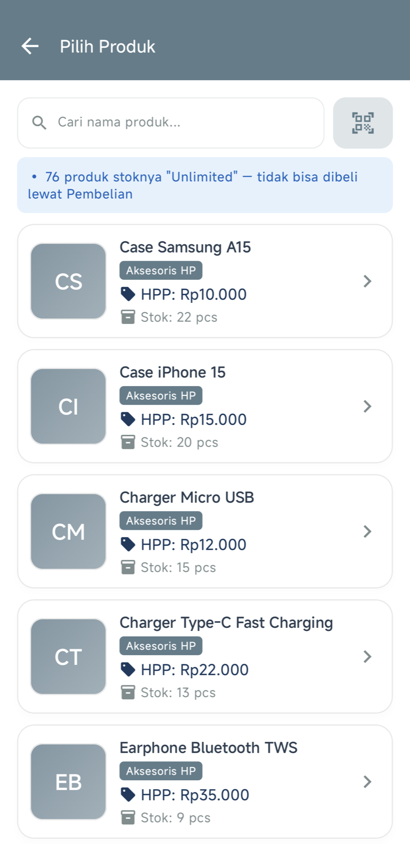 Layar Pilih Produk untuk PO — keterangan biru “76 produk stoknya Unlimited — tidak bisa dibeli lewat Pembelian”, lalu daftar produk berstok dengan HPP dan sisa stoknya