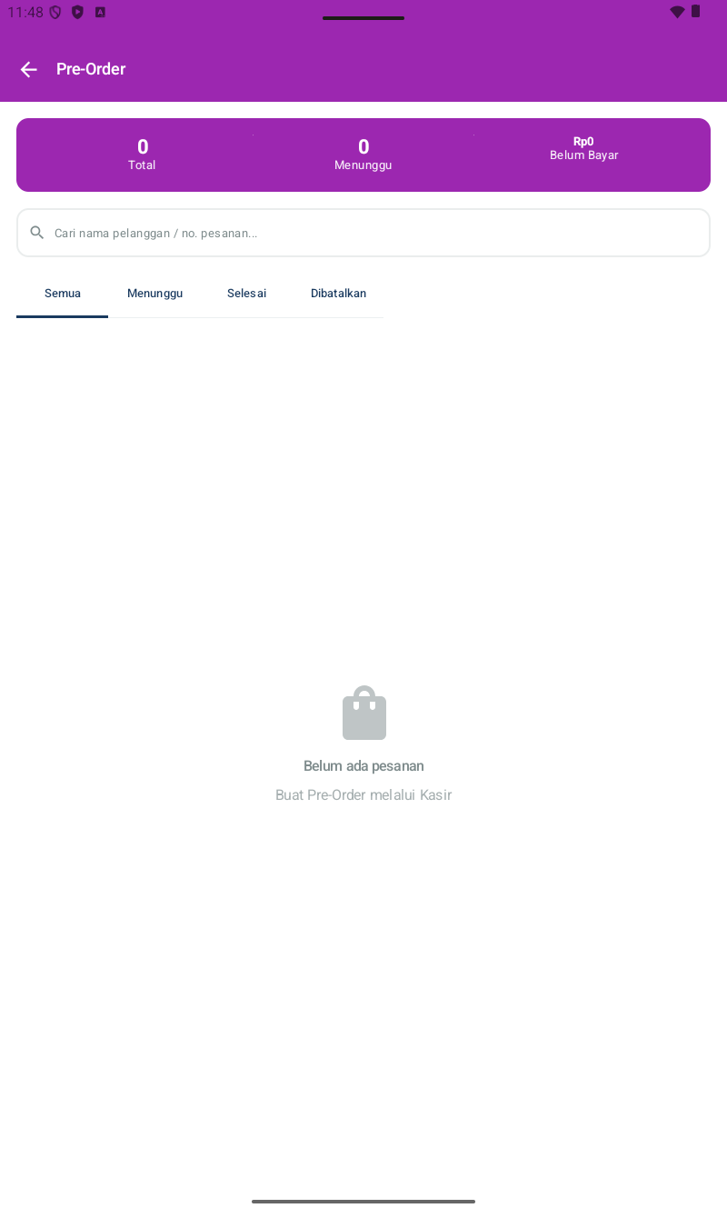 Halaman Pre-Order โ header ungu, title 'Pre-Order', stat card: 0 Total | 0 Menunggu | Rp 0 Belum Bayar. Search bar 'Cari nama pelanggan / no. pesanan...'. Filter tabs: Semua (selected) | Menunggu | Selesai | Dibatalkan. Empty state: shopping bag icon + 'Belum ada pesanan / Buat Pre-Order melalui Kasir'