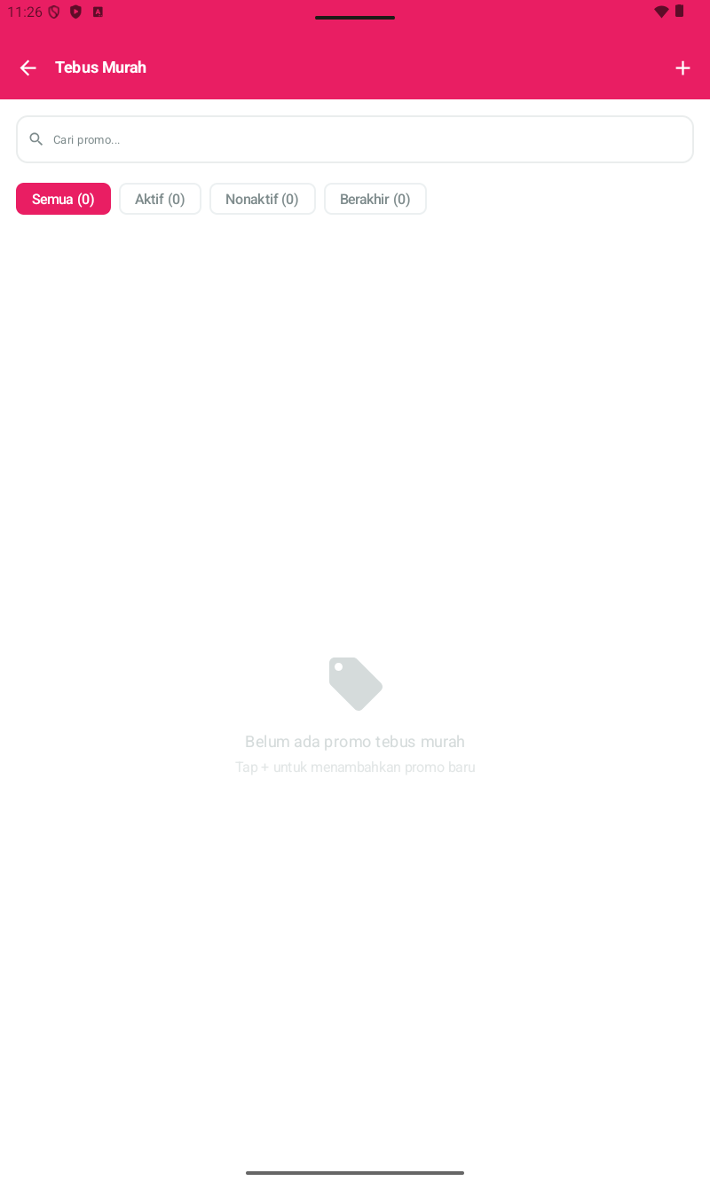 Halaman Tebus Murah โ header pink magenta, search bar 'Cari promo...', filter tabs (Semua 0 selected, Aktif 0, Nonaktif 0, Berakhir 0), empty state 'Belum ada promo tebus murah / Tap + untuk menambahkan promo baru', (+) di kanan atas header