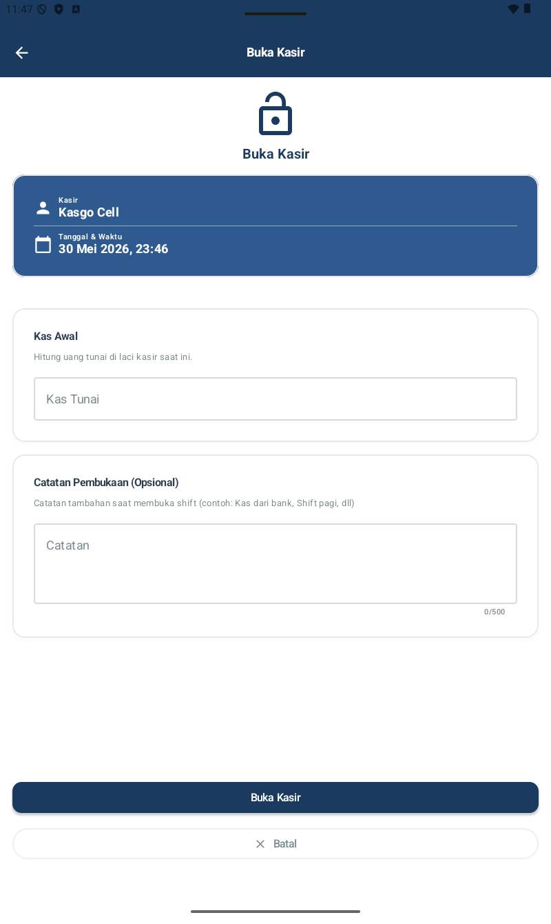 Form Buka Kasir โ menampilkan nama kasir (Kasgo Cell), tanggal & waktu, section Kas Awal (kosong dengan warning belum ada kas tunai), section Catatan Pembukaan (opsional), tombol Buka Kasir di bawah