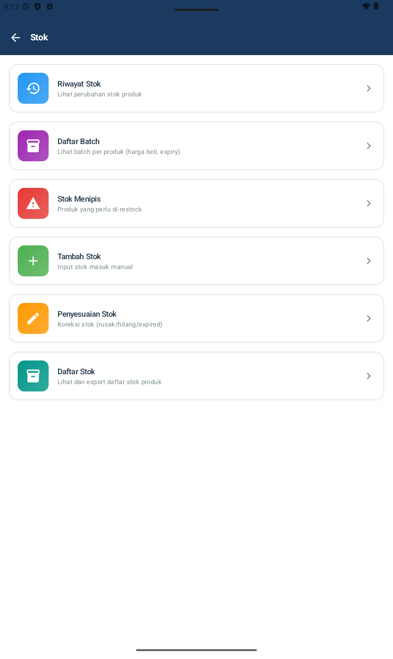 Submenu Stok dengan 6 opsi: Riwayat Stok (Lihat perubahan stok produk), Daftar Batch (Lihat batch per produk - harga beli, expiry), Stok Menipis (Produk yang perlu di-restock), Tambah Stok (Input stok masuk manual), Penyesuaian Stok (Koreksi stok rusak/hilang/expired), Daftar Stok (Lihat dan export daftar stok produk)