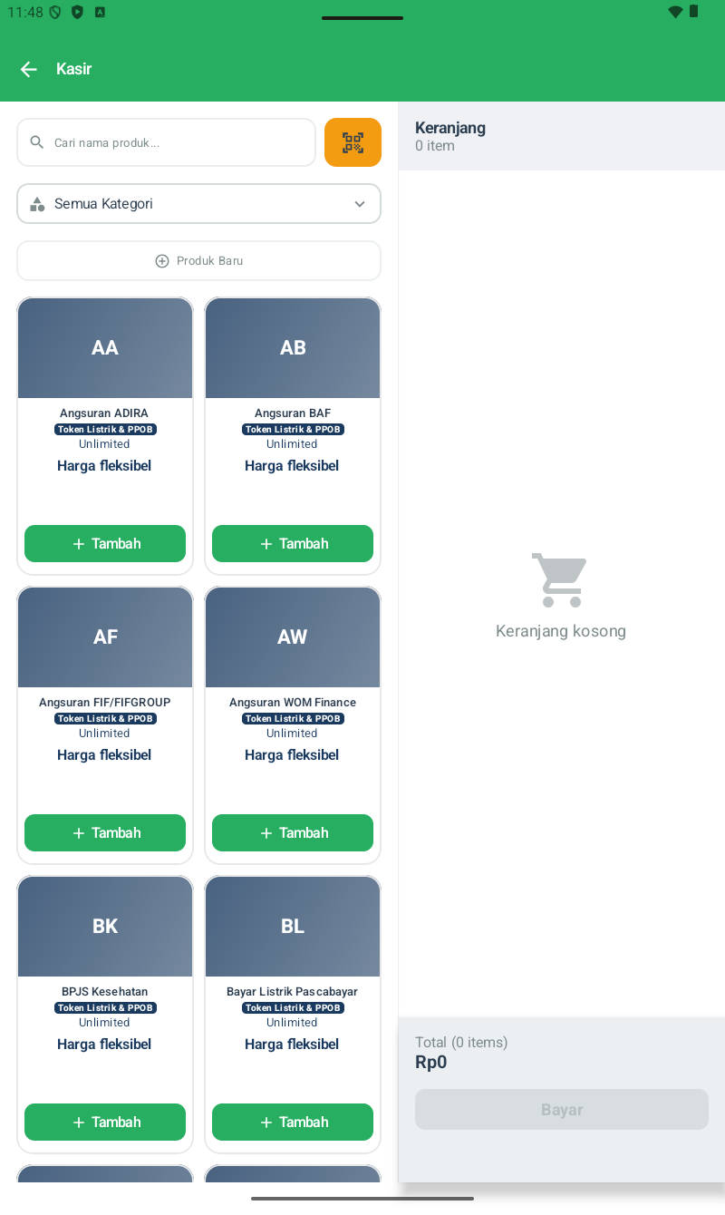 Layar Kasir KasGo Cell (shift active) โ header hijau 'Kasir'. Kiri: search 'Cari nama produk...' + tombol QR scan oranye, dropdown 'Semua Kategori', tombol '+ Produk Baru', grid produk 2 kolom (Angsuran ADIRA Token Listrik & PPOB Unlimited Harga fleksibel, Angsuran BAF, Angsuran FIF/FIFGROUP, Angsuran WOM Finance, BPJS Kesehatan, Bayar Listrik Pascabayar) tiap card dengan tombol hijau '+ Tambah'. Kanan: panel 'Keranjang 0 item', icon cart kosong, 'Keranjang kosong', footer 'Total (0 items) Rp0' + tombol Bayar disabled abu-abu