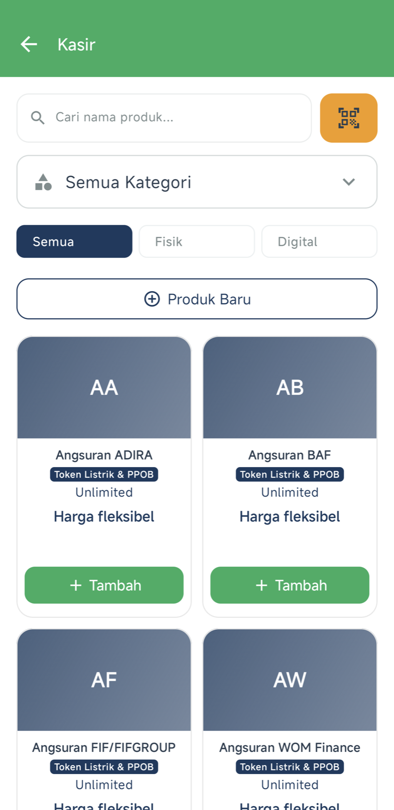 Layar Kasir — kolom pencarian, pemilih kategori, filter Semua / Fisik / Digital, tombol Produk Baru, lalu kartu produk