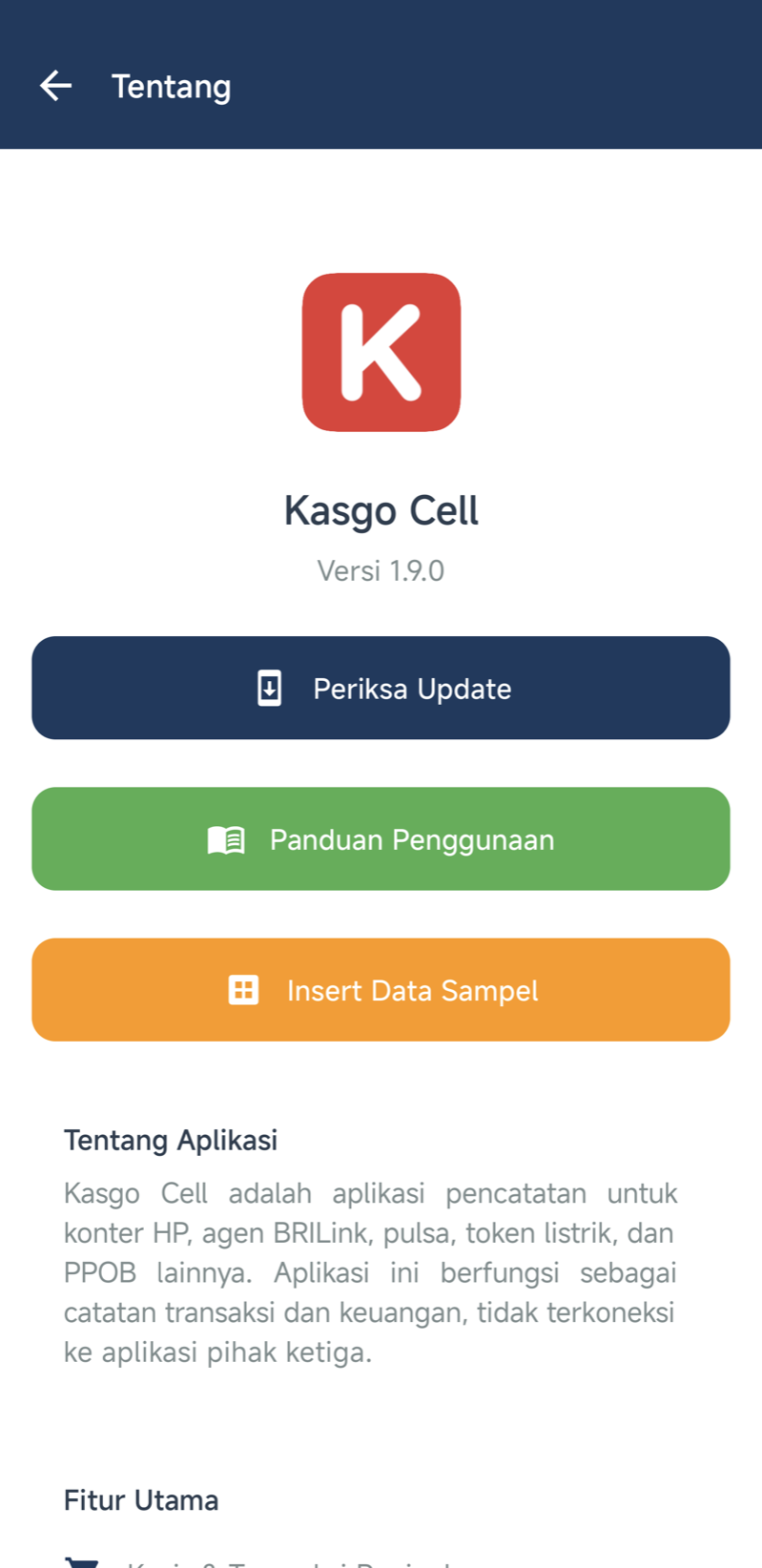 Layar Tentang — logo Kasgo, tulisan Versi 1.9.0, lalu tombol Periksa Update, Panduan Penggunaan, dan Insert Data Sampel