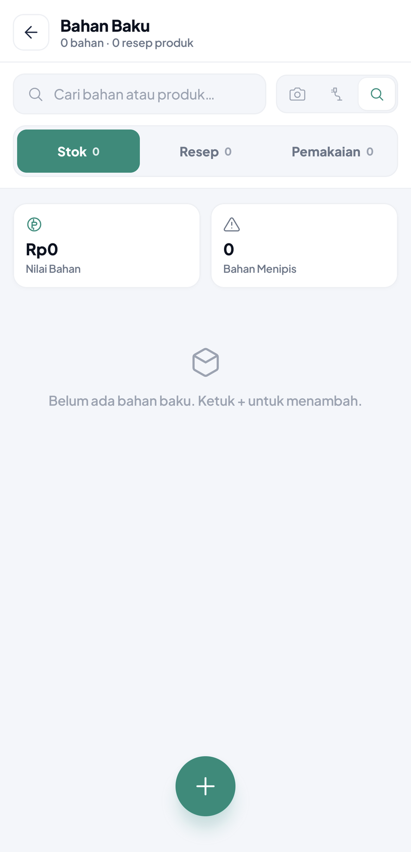 Halaman Bahan Baku kosong: pencarian, tab Stok, Resep, Pemakaian, kartu Nilai Bahan Rp0 dan Bahan Menipis 0, serta tombol +