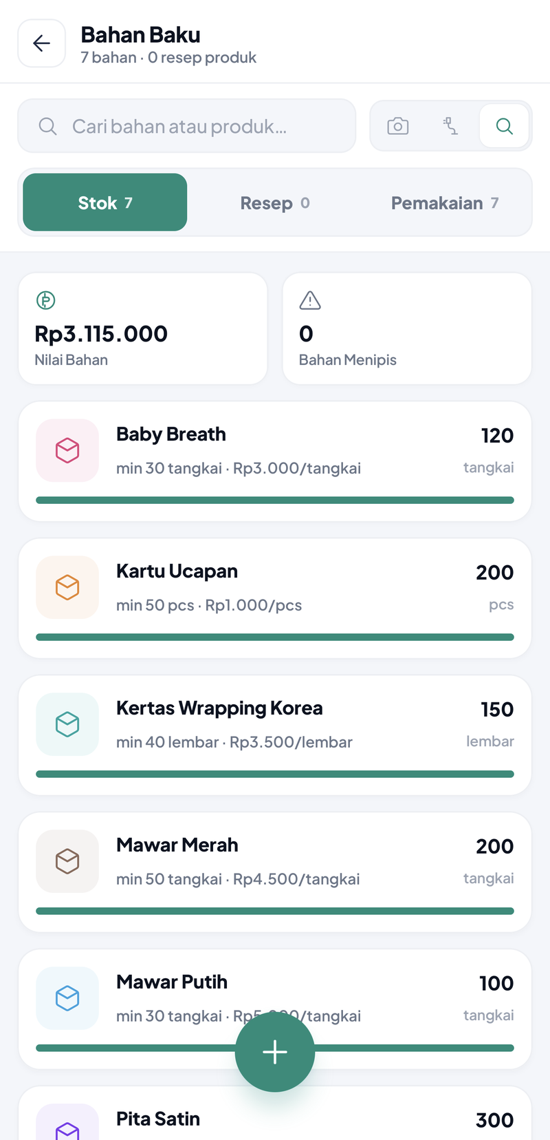 Daftar bahan Bloomy Bucket: Baby Breath, Kartu Ucapan, Kertas Wrapping Korea, Mawar Merah, Mawar Putih, Pita Satin, dengan Nilai Bahan Rp3.115.000