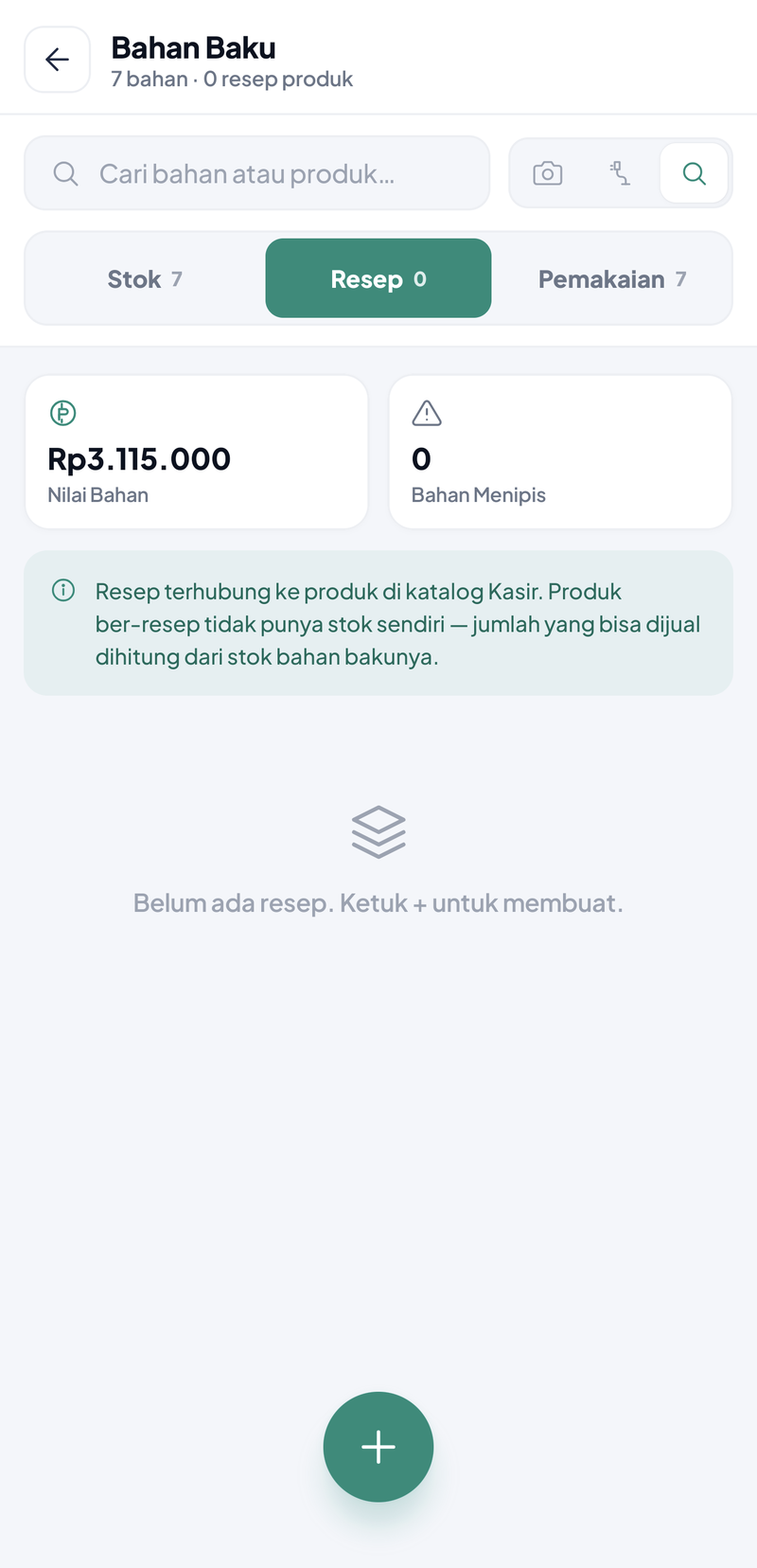 Tab Resep kosong dengan penjelasan bahwa produk ber-resep tidak punya stok sendiri, dan tombol + Resep baru