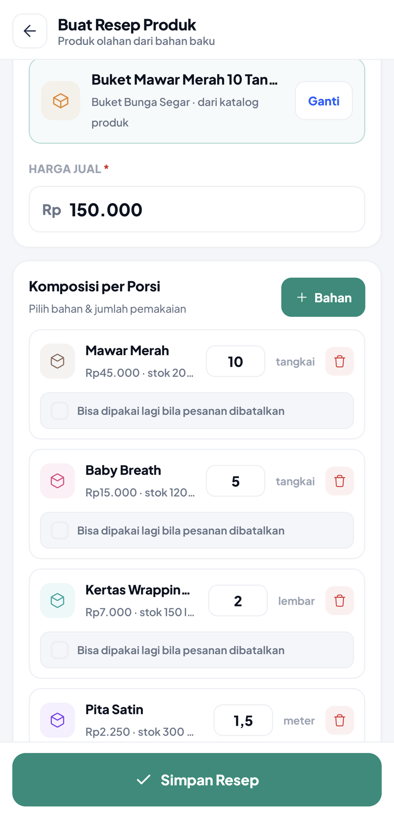 Komposisi per porsi: Mawar Merah 10 tangkai, Baby Breath 5 tangkai, Kertas Wrapping Korea 2 lembar, Pita Satin 1,5 meter, masing-masing dengan kotak centang Bisa dipakai lagi bila pesanan dibatalkan