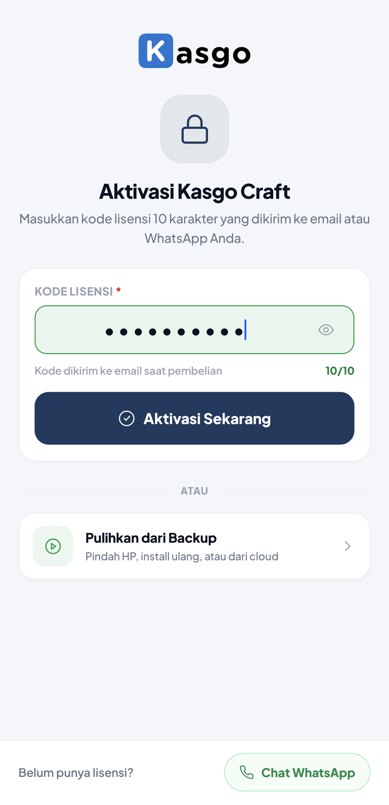 Kolom Kode Lisensi sudah terisi 10 karakter, penghitung menunjukkan 10/10
