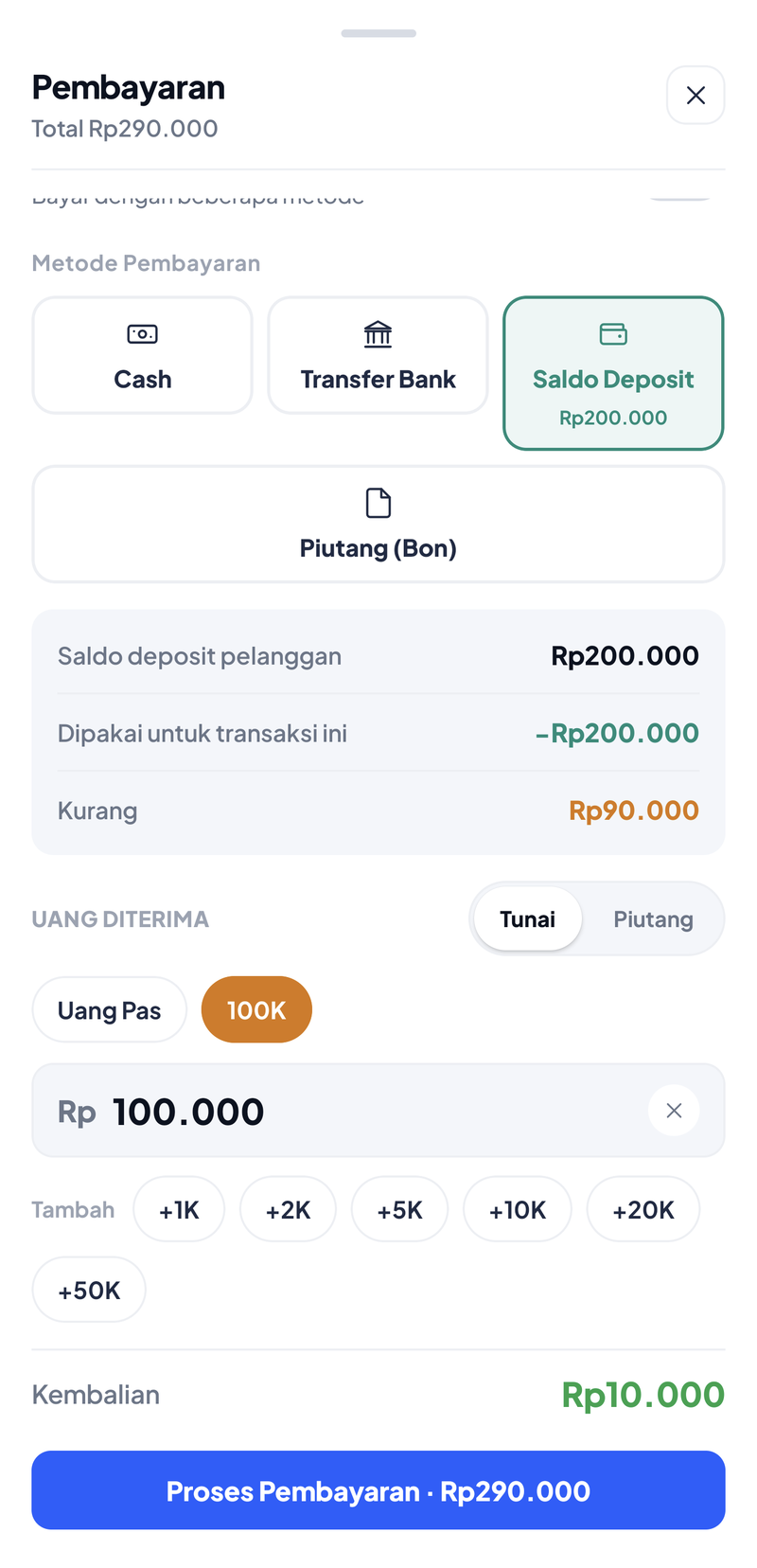 Kekurangan dibayar tunai: chip 100K aktif, kolom Rp 100.000, Kembalian Rp10.000, tombol Proses Pembayaran · Rp290.000