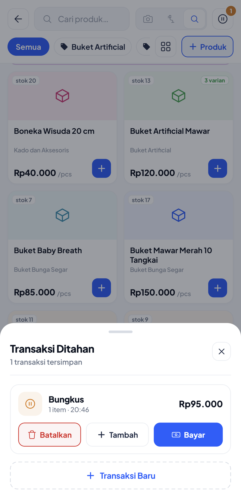 Daftar Transaksi Ditahan: 1 transaksi tersimpan berlabel Bungkus, 1 item pukul 20:46, Rp95.000, dengan tombol Batalkan, Tambah, dan Bayar