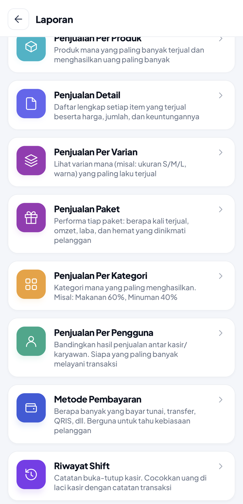 Bagian bawah menu Laporan: Riwayat Pembayaran Piutang, Penjualan Per Pelanggan, Customer Loyalty, dan Saldo Deposit, lalu kelompok Laporan Pembelian & Supplier berisi Pembelian Per Periode, Hutang Supplier, dan Pembayaran Supplier