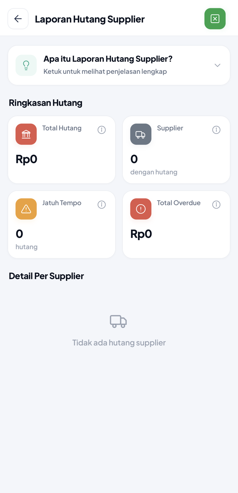 Hutang Supplier: total hutang Rp0, 0 supplier dengan hutang, 0 jatuh tempo, total overdue Rp0, pesan semua hutang sudah lunas