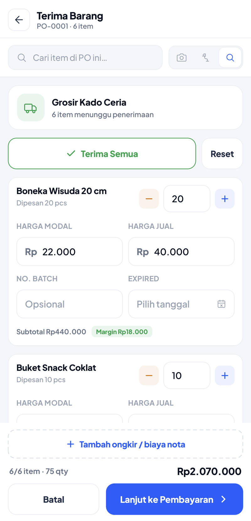Halaman Terima Barang: tombol Terima Semua dan Reset, lalu per item jumlah diterima, Harga Modal, Harga Jual, No. Batch, Expired, subtotal dan margin