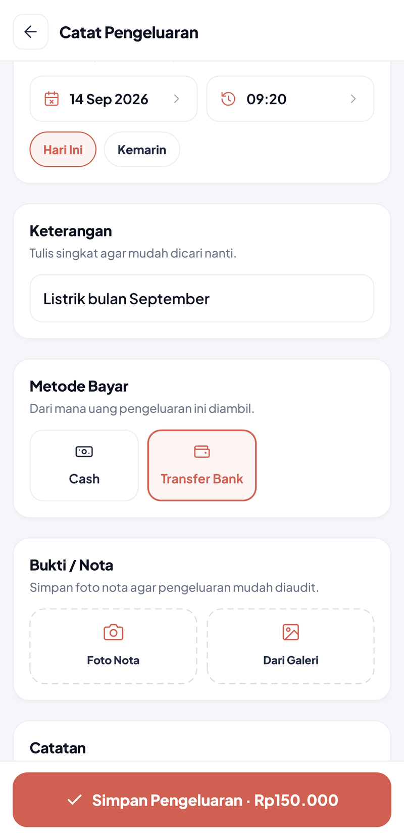 Pengeluaran Listrik bulan September tanggal 14 Sep 2026 09:20: Metode Bayar Transfer Bank, Bukti/Nota dengan pilihan Foto Nota dan Dari Galeri, tombol Simpan Pengeluaran · Rp150.000