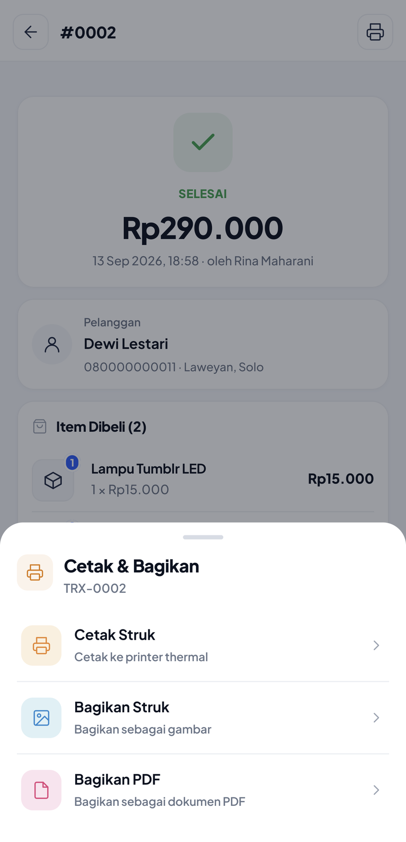 Sheet Cetak & Bagikan TRX-0002: Cetak Struk ke printer thermal, Bagikan Struk sebagai gambar, Bagikan PDF sebagai dokumen