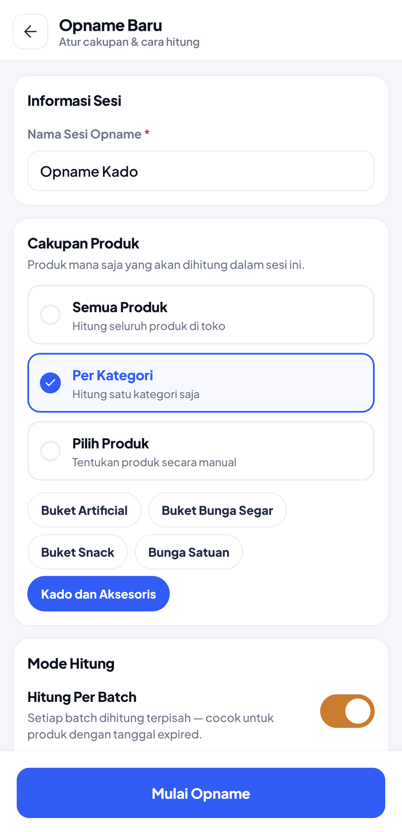 Opname Baru: nama sesi Opname Kado, cakupan Per Kategori dengan kategori Kado dan Aksesoris terpilih, mode Hitung Per Batch menyala, tombol Mulai Opname