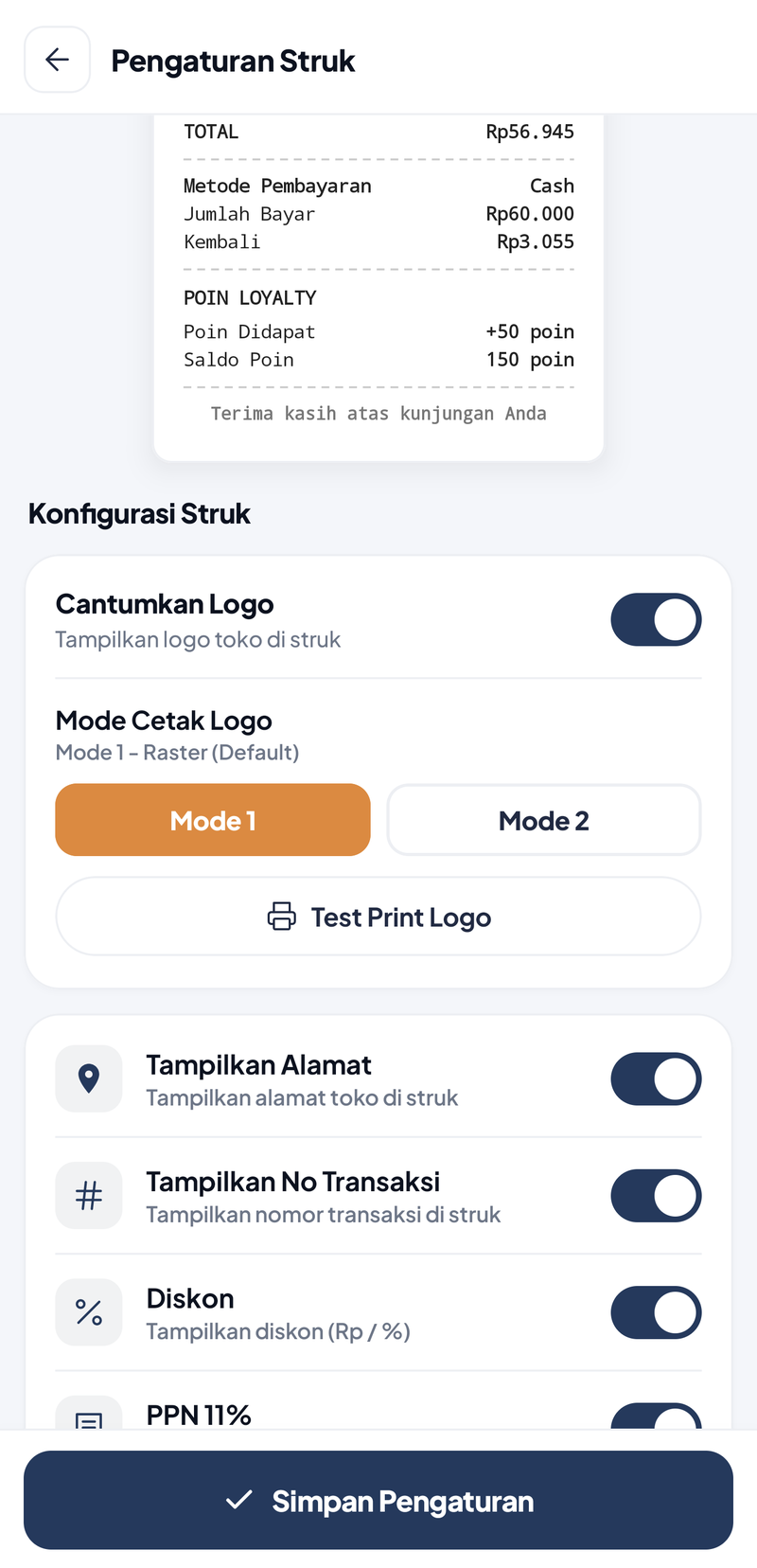 Konfigurasi Struk: kartu Cantumkan Logo dengan sakelar menyala, Mode Cetak Logo Mode 1 - Raster (Default) dengan tombol Mode 1 terpilih oranye dan Mode 2, tombol Test Print Logo, lalu sakelar Tampilkan Alamat, Tampilkan No Transaksi, dan Diskon yang menyala