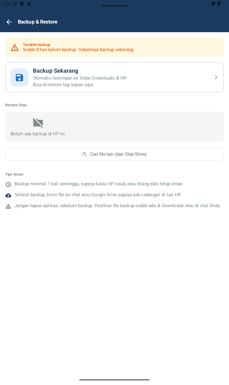 Halaman Backup & Restore FnB โ banner status backup, card Backup Sekarang, section Restore Data, tombol Cari file lain, Tips Aman dengan 3 tips