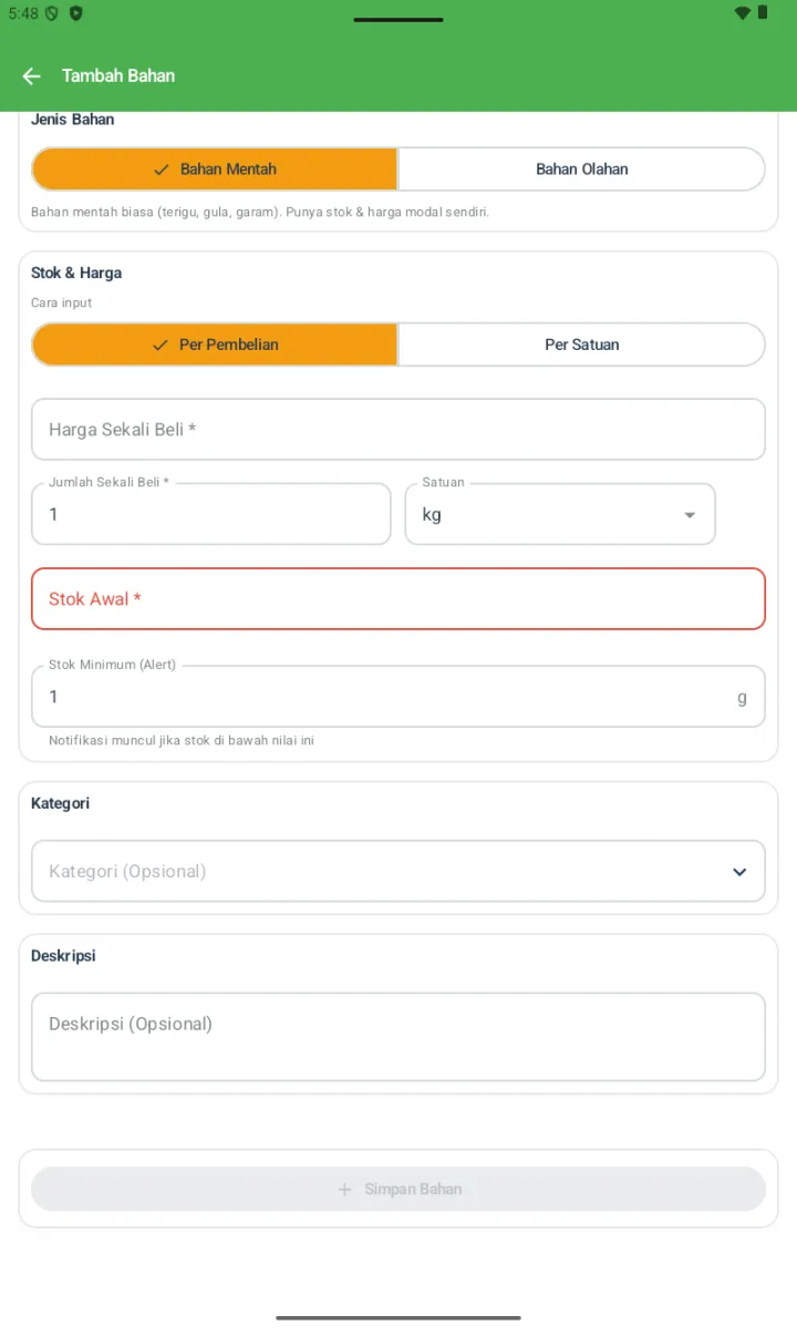 Form Bahan Mentah Per Pembelian: Harga Sekali Beli, Jumlah Sekali Beli (1 kg default), Stok Awal, Stok Minimum