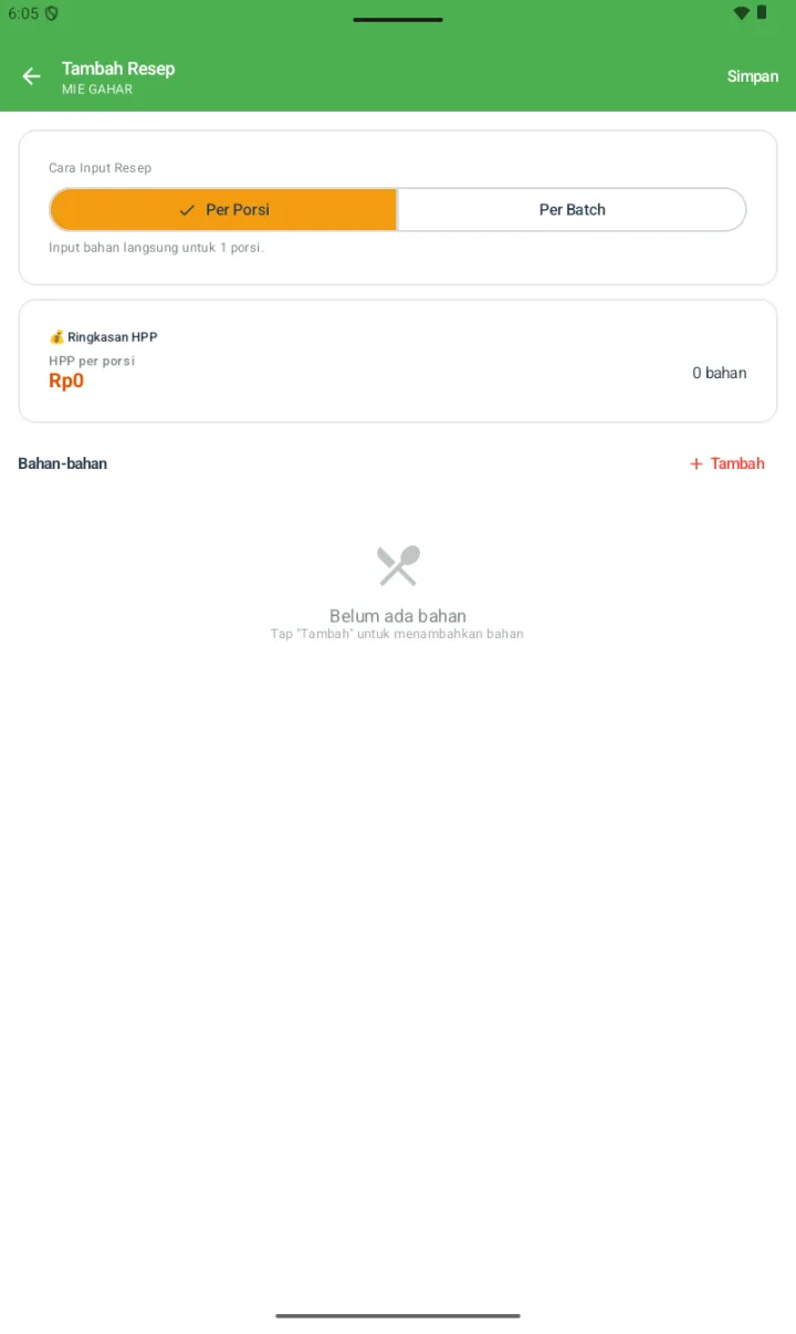 Tambah Resep mode Per Porsi: chip Per Porsi selected dengan hint Input bahan langsung untuk 1 porsi