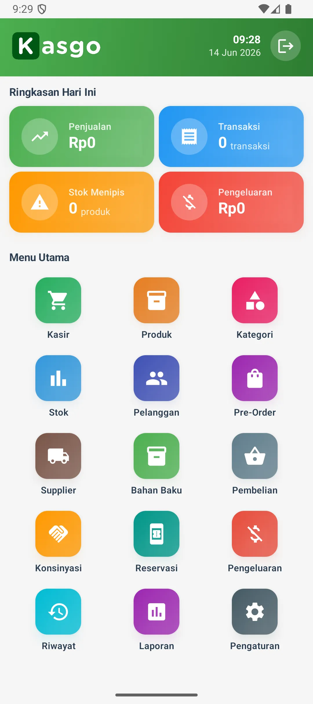 Tampilan halaman home aplikasi Kasgo FnB