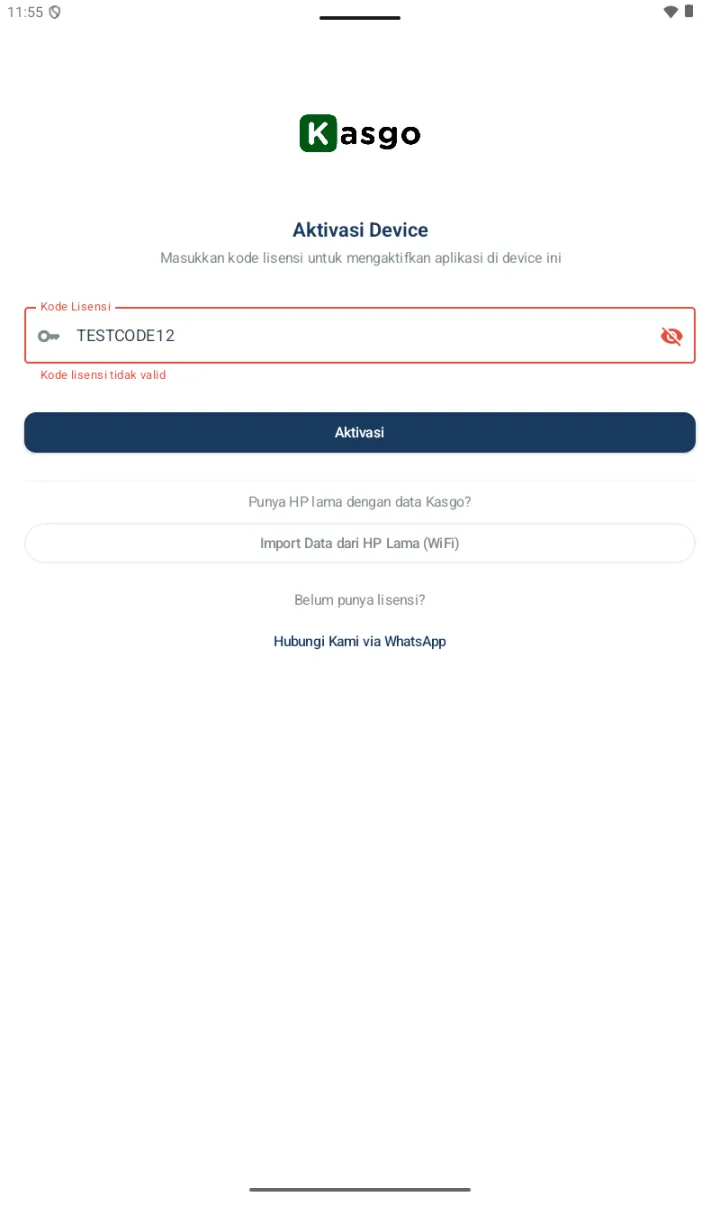 Halaman Aktivasi dengan error: field outline merah, error text Kode lisensi tidak valid