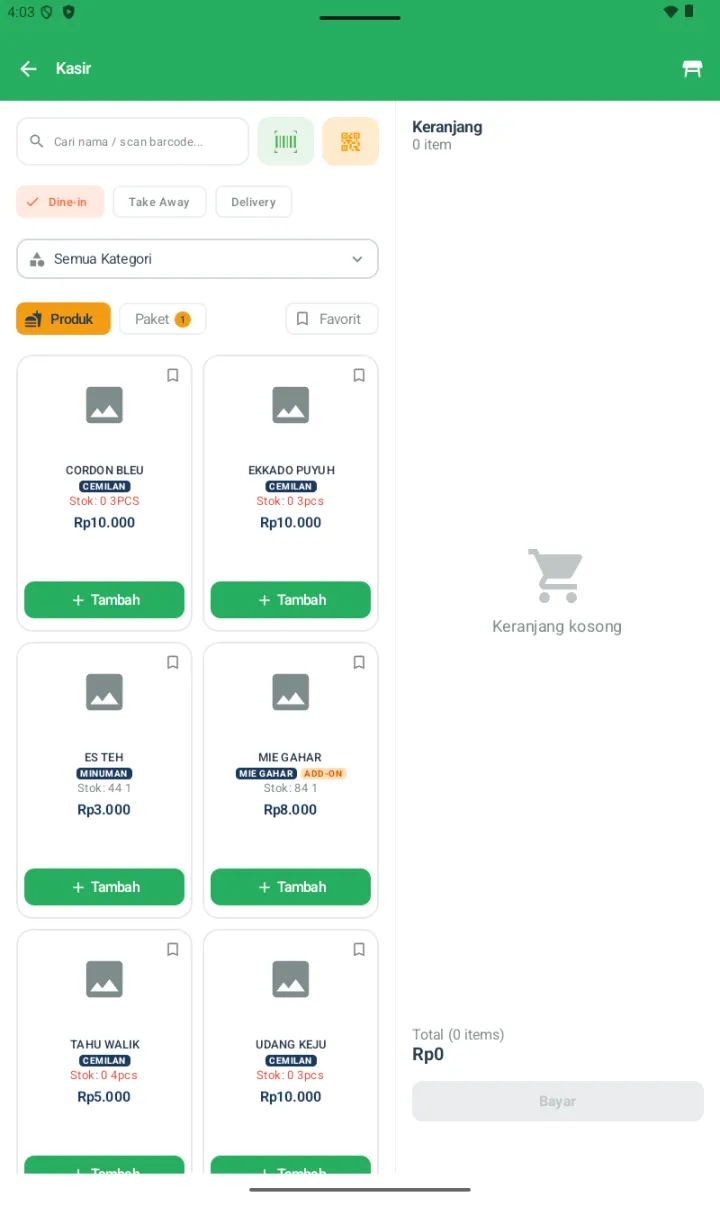 Halaman Kasir FnB dengan chip Dine-in, tab Produk/Paket/Favorit, grid produk dengan badge kategori, ADD-ON, stok, dan bookmark icon