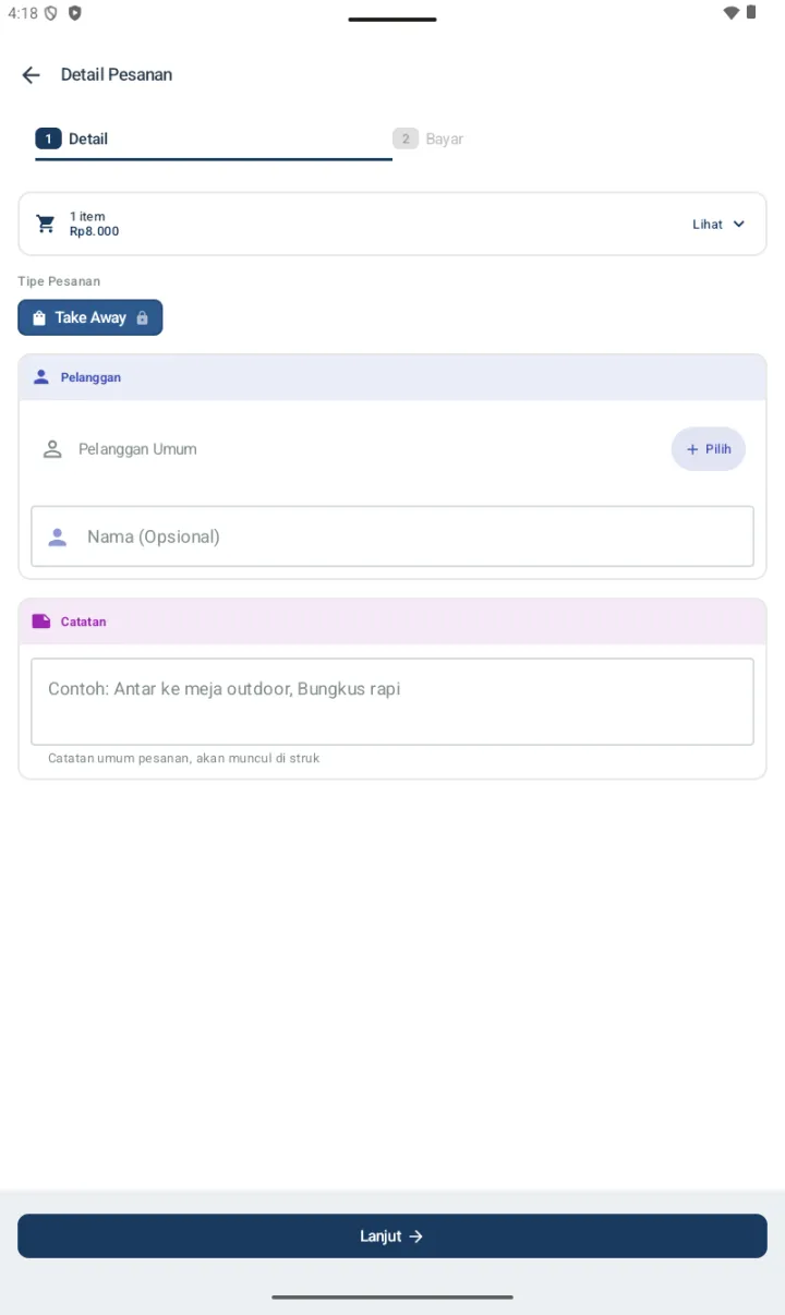 Step 1 Detail untuk Take Away: tidak ada field Nomor Meja, nomor antrian auto-generate