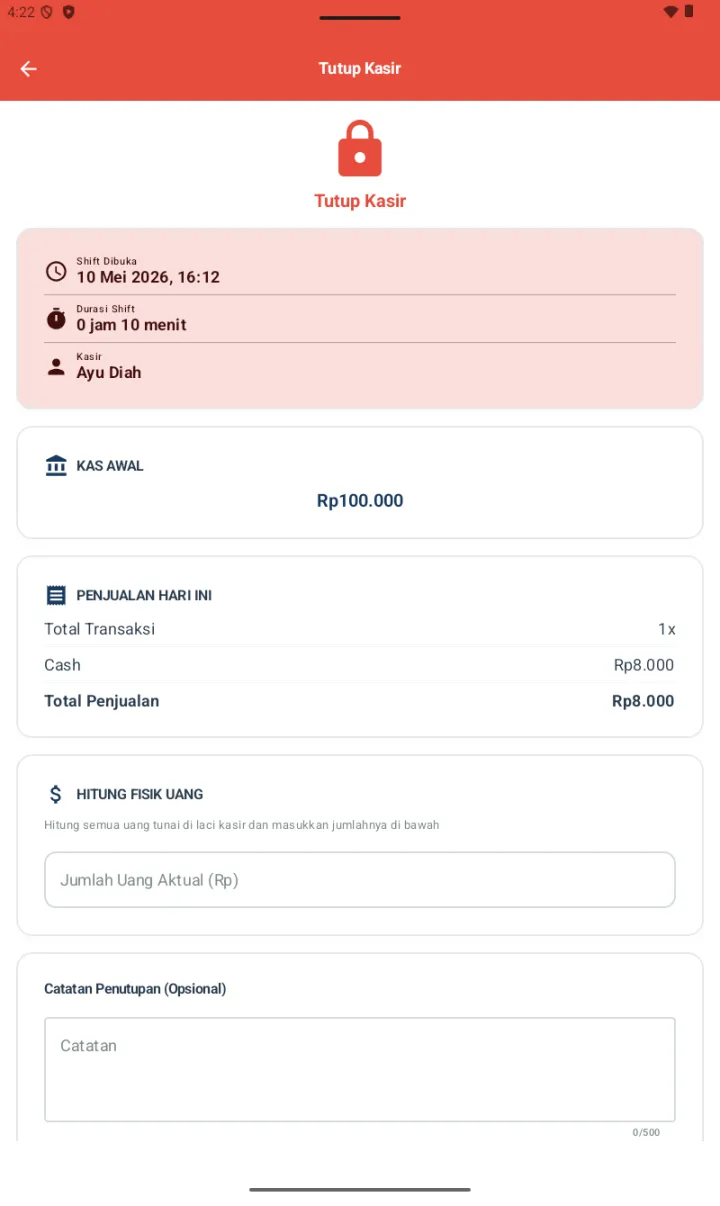 Halaman Tutup Kasir FnB: card pink info shift, Kas Awal Rp100.000, Penjualan Hari Ini Total Rp8.000, field Jumlah Uang Aktual, Catatan Penutupan