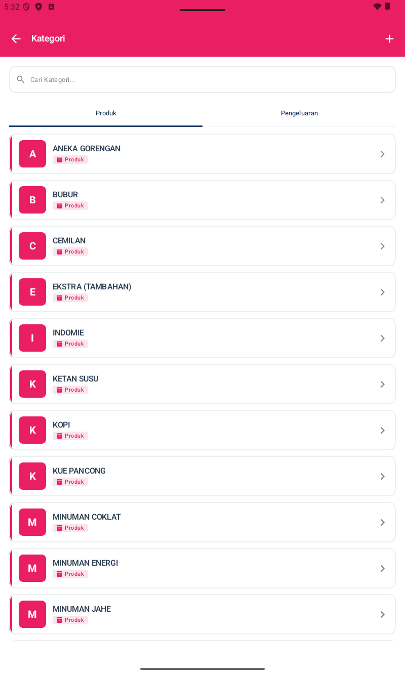 Halaman Kategori โ list kategori dengan ikon + nama + jumlah menu di dalamnya, (+) di kanan atas, drag handle untuk reorder