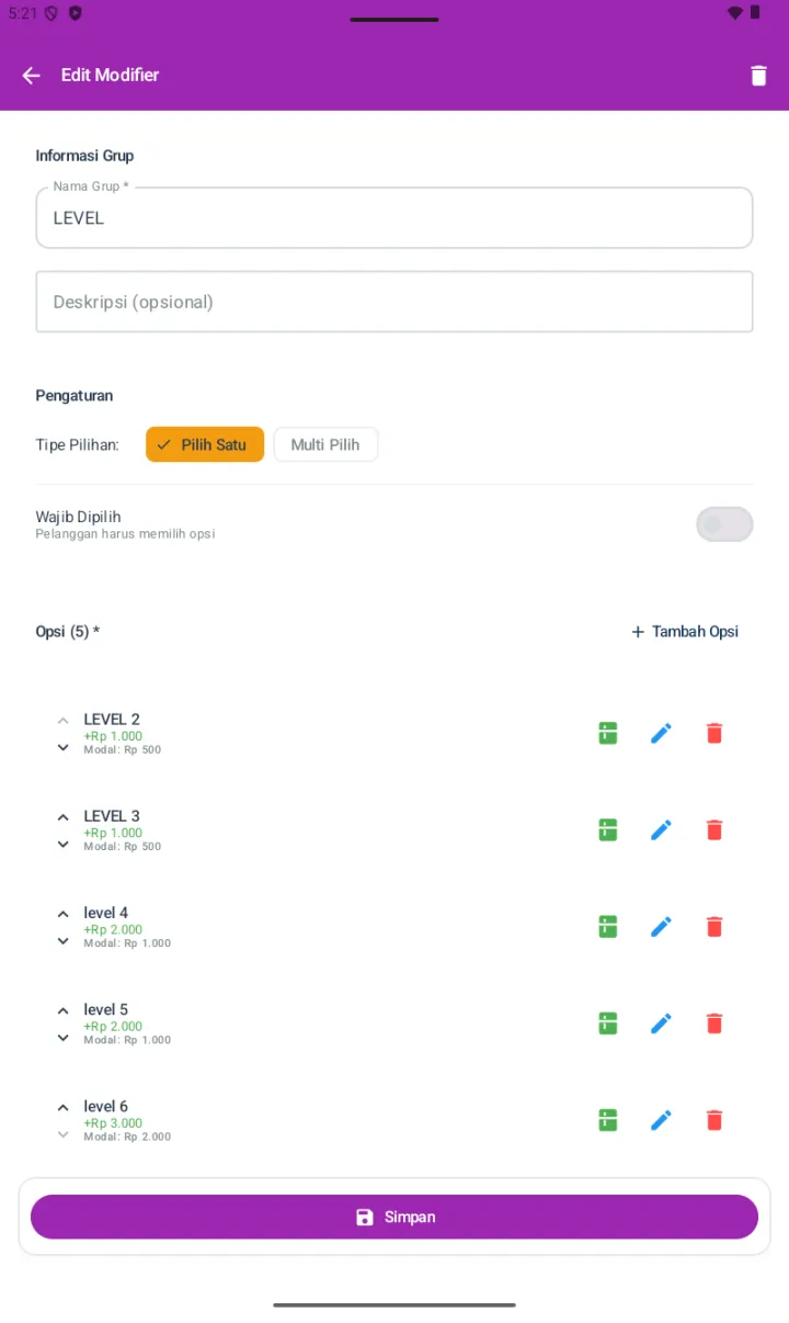 Halaman Edit Modifier untuk grup LEVEL dengan 5 opsi (LEVEL 2 +Rp1.000 Modal Rp500 sampai level 6 +Rp3.000 Modal Rp2.000), masing-masing ada icon bahan, edit, hapus