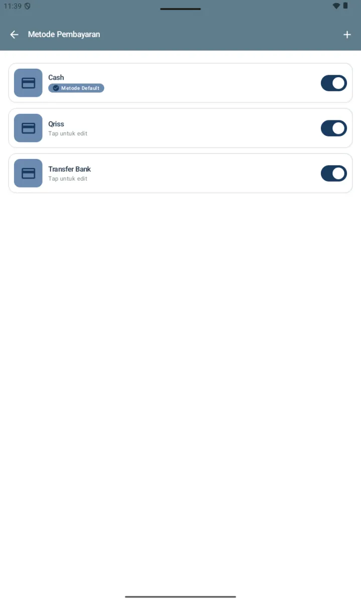 Halaman Metode Pembayaran dengan 3 metode default: Cash dengan badge Metode Default, Qriss Tap untuk edit, Transfer Bank Tap untuk edit, semua toggle ON, tombol + di header