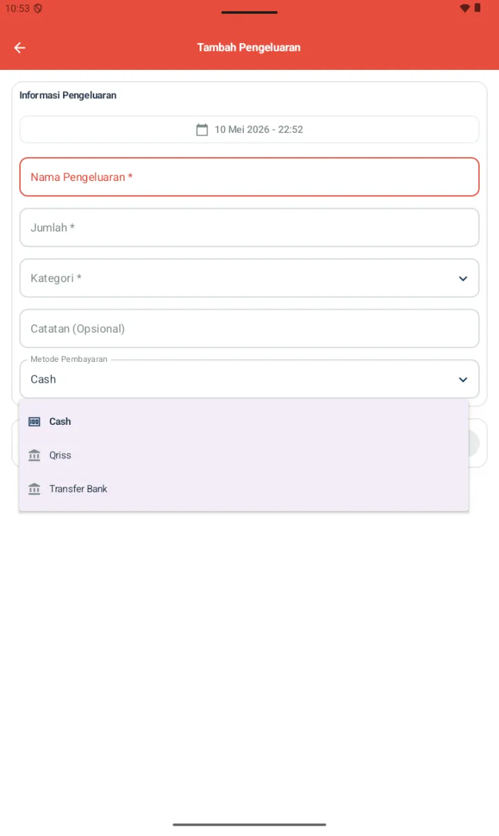 Dropdown Metode Pembayaran terbuka dengan 3 opsi: Cash, Qriss, Transfer Bank