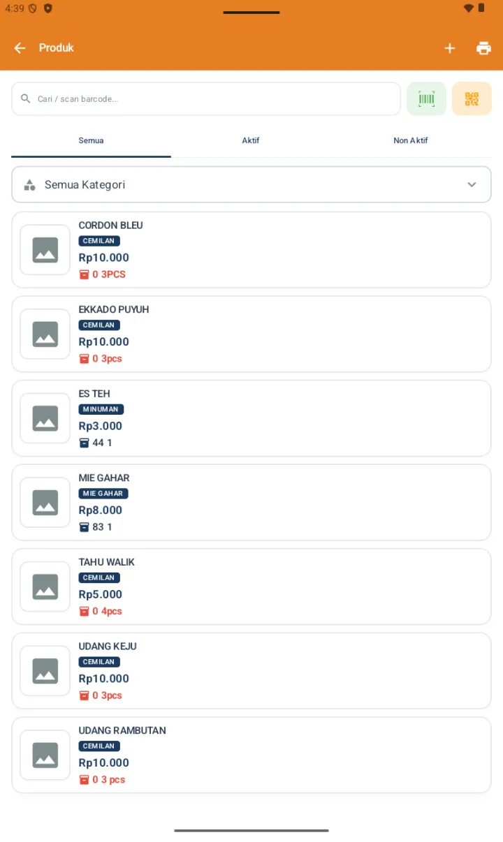 Daftar Produk dengan tabs Semua/Aktif/Non Aktif, filter Semua Kategori, dan list 7 produk dengan info kategori, harga, stok