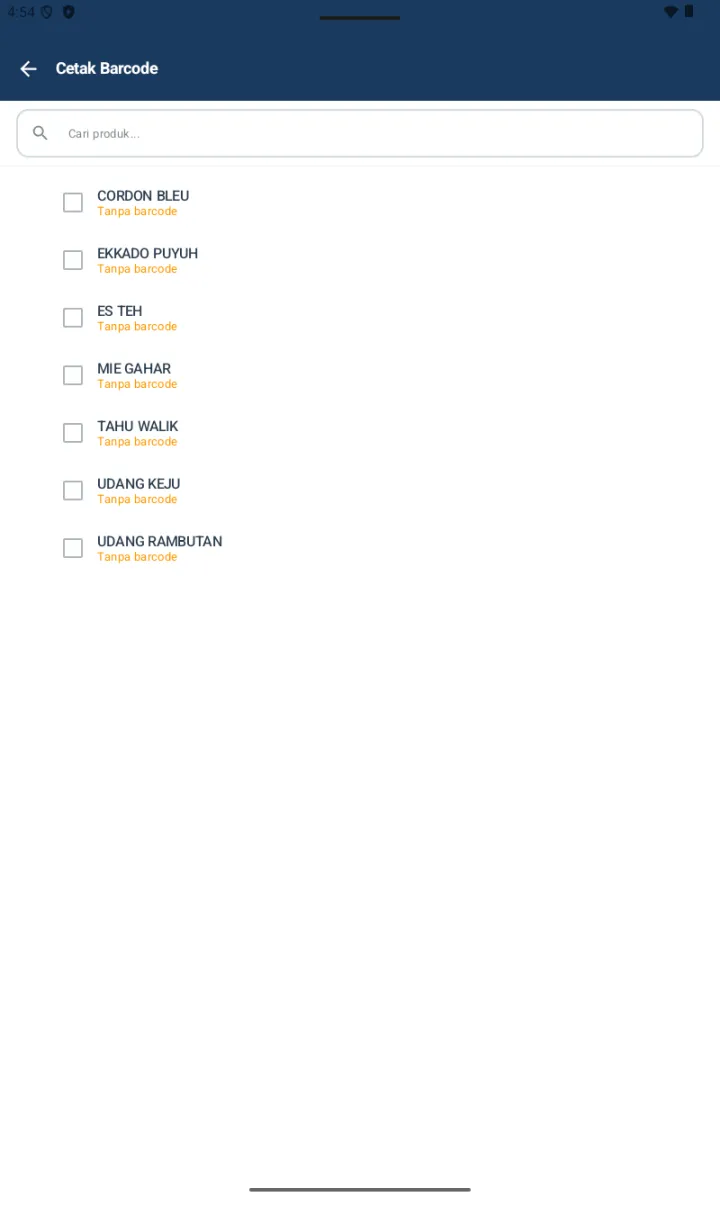 Halaman Cetak Barcode dengan list 7 produk, masing-masing checkbox dan label oranye Tanpa barcode